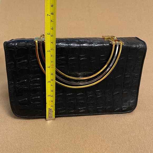 Joy Brandy Exotic Crocodile Patent Leather Satchel Clutch Goldtone Handles small - Picture 7 of 9